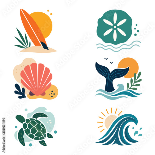 Summer Beach Icons Set Surf Shell Whale Ocean Wave Turtle Vector Illustration