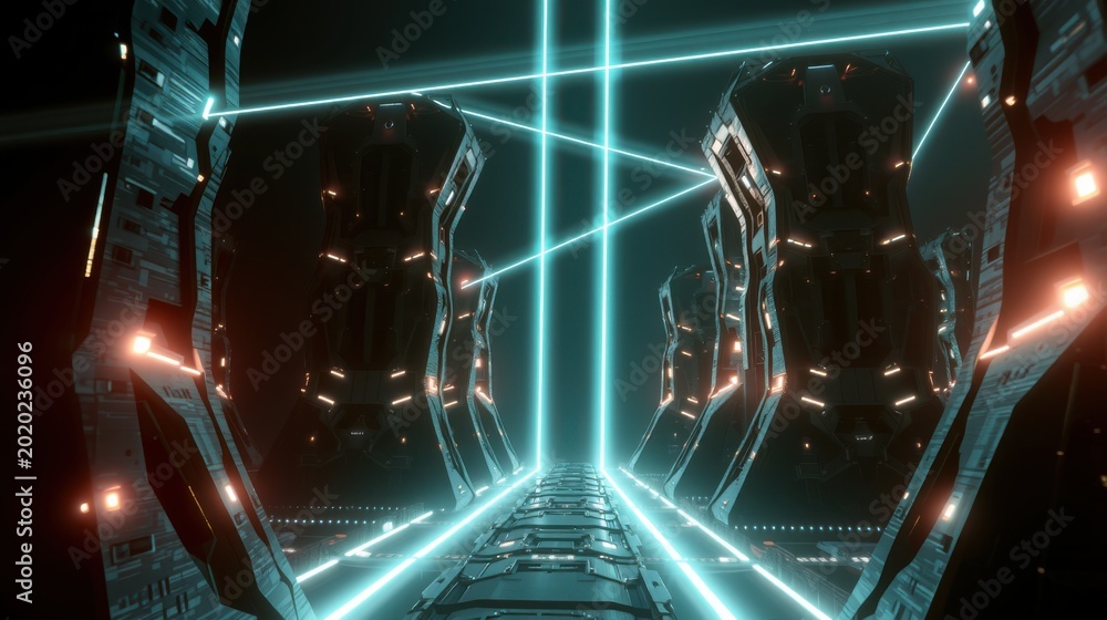 Fototapeta premium Futuristic tunnel glows with vibrant cyan lines. Dark metallic walls flank long corridor, creating symmetrical perspective. Intense light emanates forward.