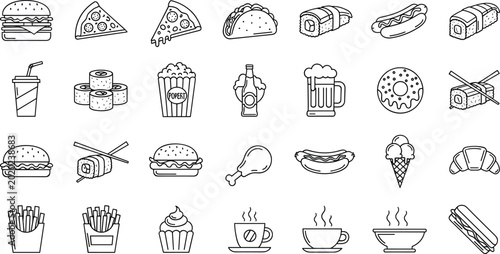 Foto Food and Drink Icon Set Featuring Fast Food, Snacks, Beverages, and Desserts for