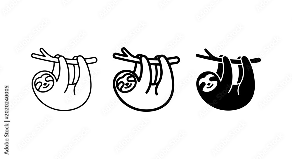 Fototapeta premium Cute Sloth Icons, Hanging Animal Vector Art, Simple Wildlife Graphics, Black and White Line Drawings