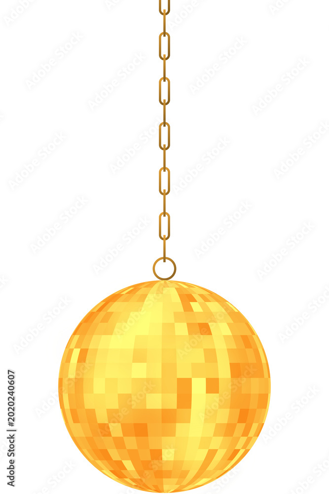 Obraz premium Golden shiny disco mirror ball hanging on a chain isolated