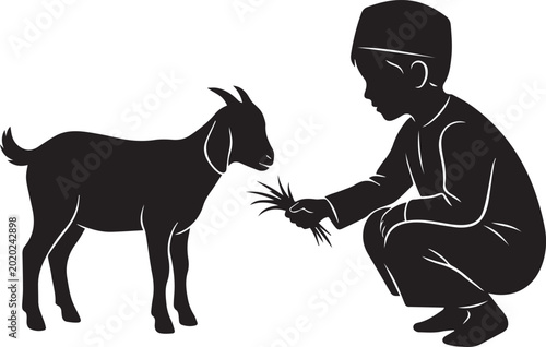 Valokuva Silhouette of muslim boy feeding goat with grass during eid al adha celebration in black and white minimalist style against plain white background