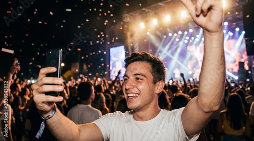 Capturing the lively energy of a concert, a person raises their hand joyfully.
