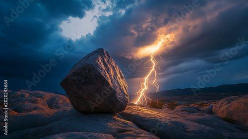 Forked lightning bolt blasting into a granite boulder, fragments of rock launching outward with dramatic energy 