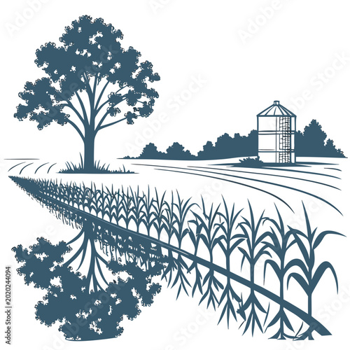 Bild auf Leinwand Rural landscape with tree cornfield and grain silo stylized vector illustration