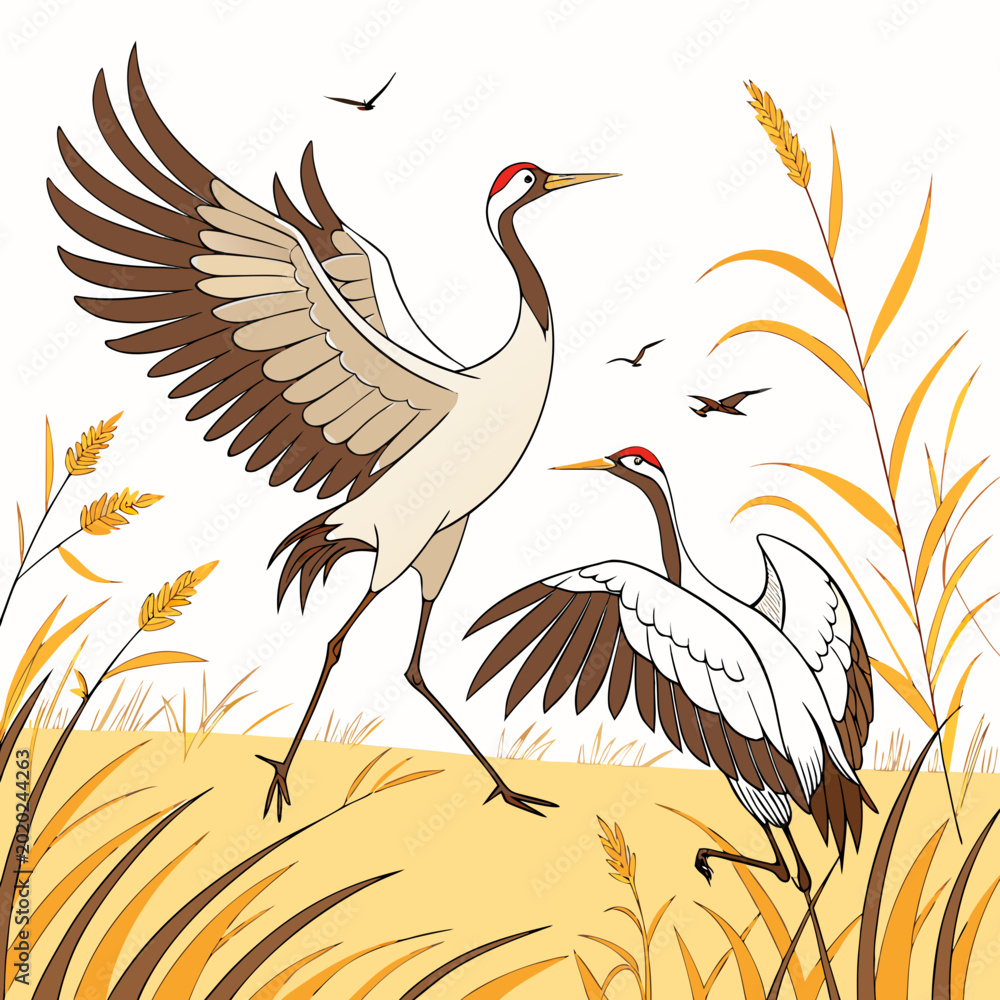 Obraz premium Two cranes dancing in a field of wheat stylized vector illustration with a white background