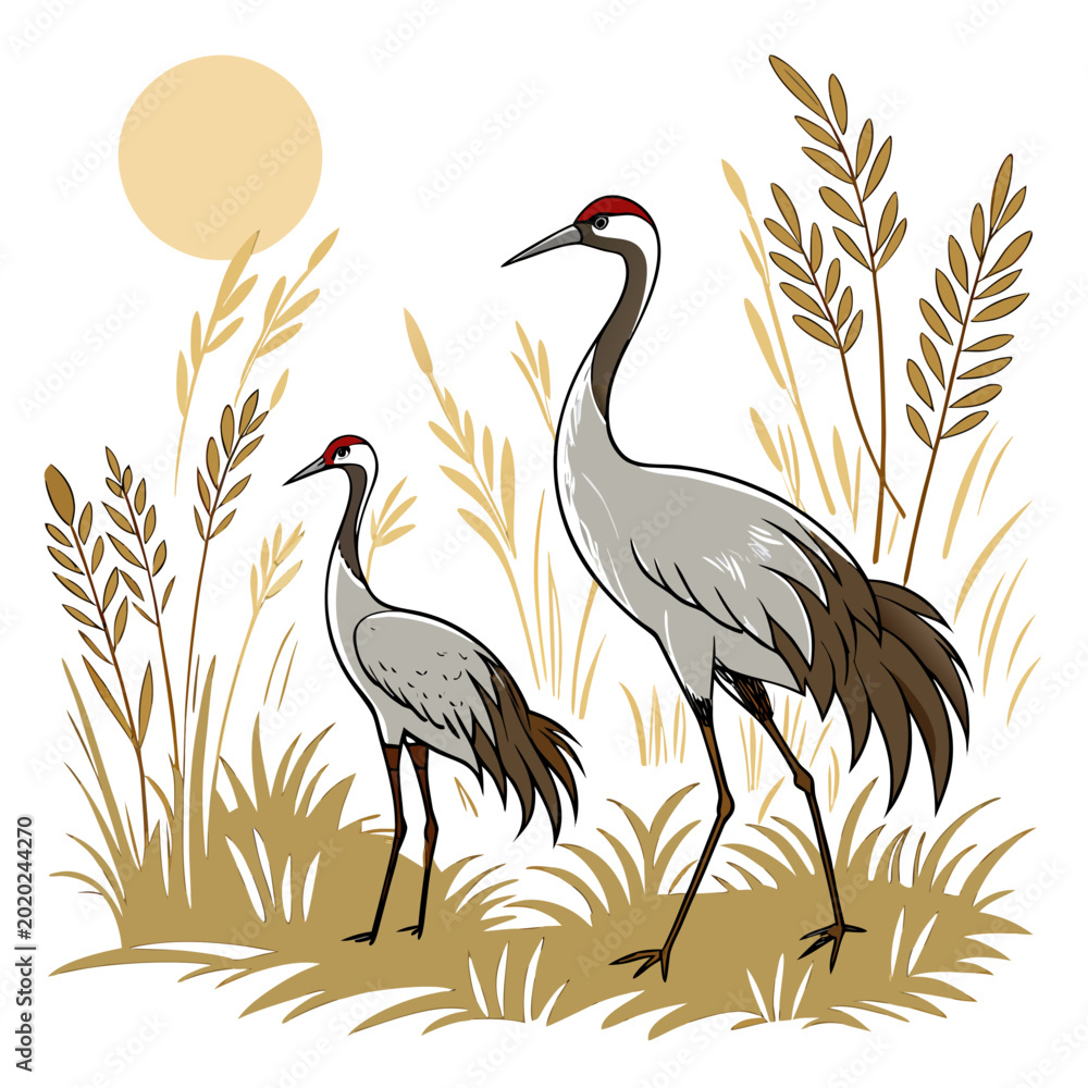 Obraz premium Two cranes standing in tall grass stylized vector illustration with a golden sun