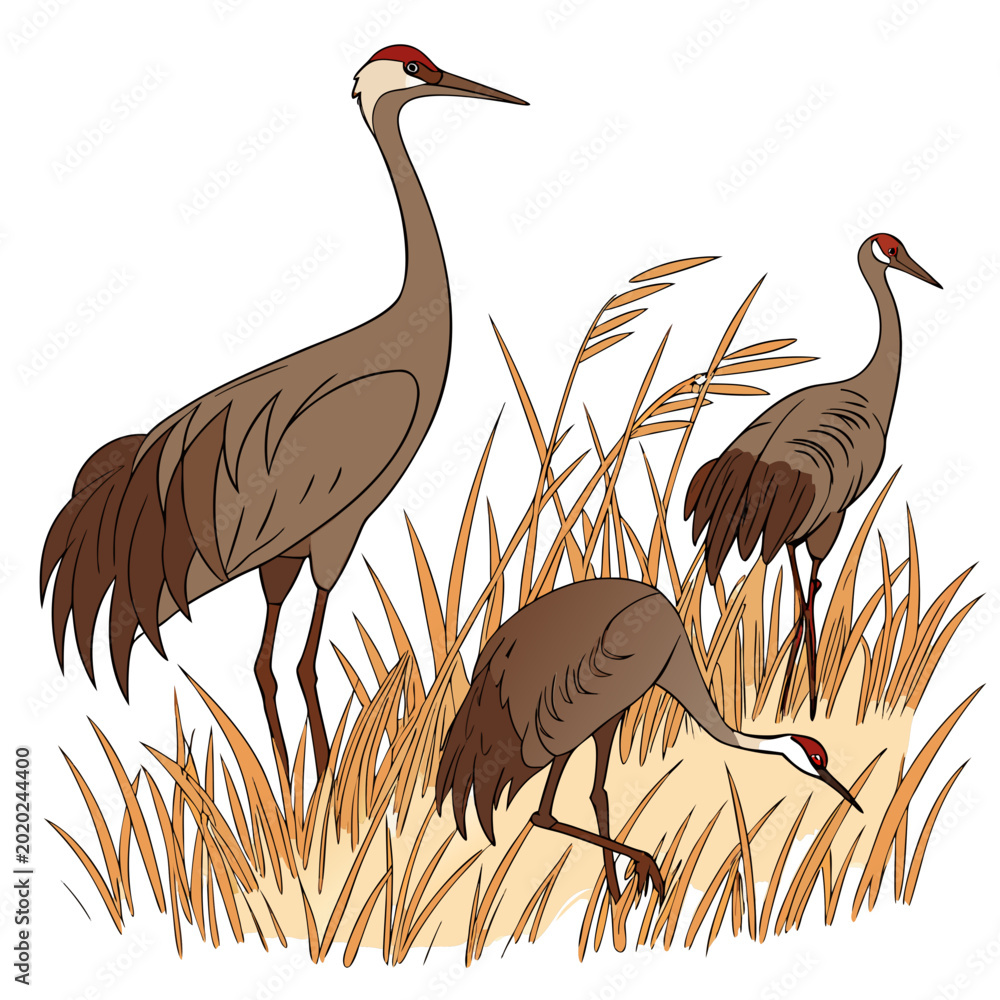Obraz premium Three sandhill cranes in tall grass colorful vector illustration on a white background