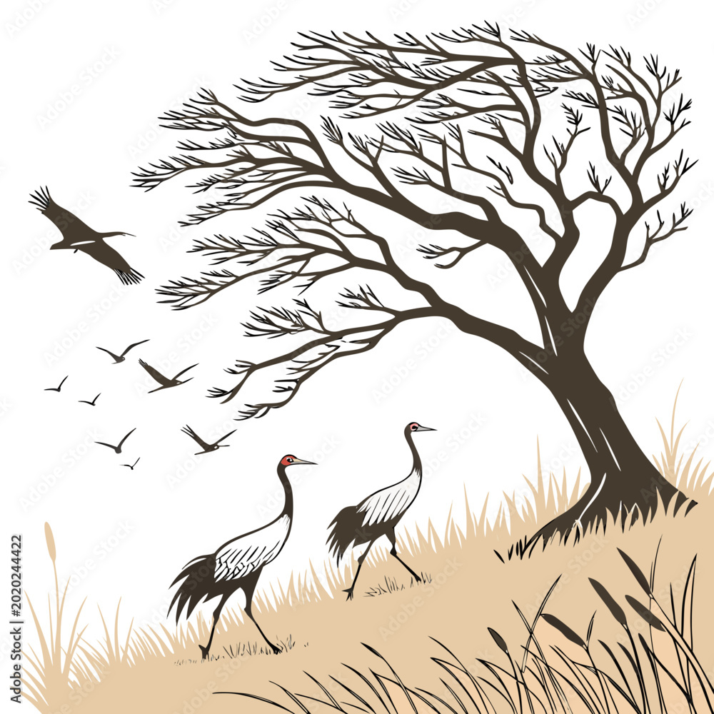 Obraz premium Stylized illustration of cranes and a bare tree with branches against a pale background