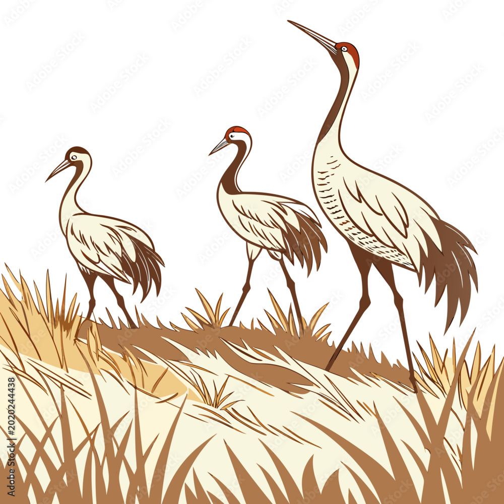Obraz premium three sandhill cranes standing in tall grass vector illustration on a white background