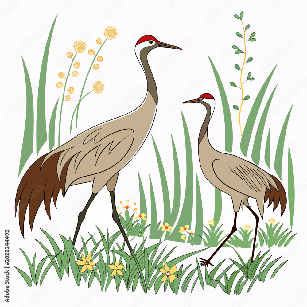 Obraz premium Two cranes standing in tall grass with yellow flowers colorful vector illustration