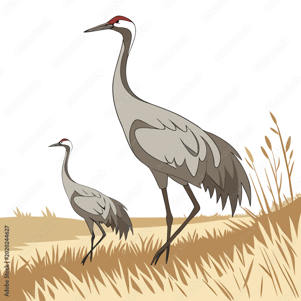 Obraz premium Two sandhill cranes standing in tall grass vector illustration with a neutral background