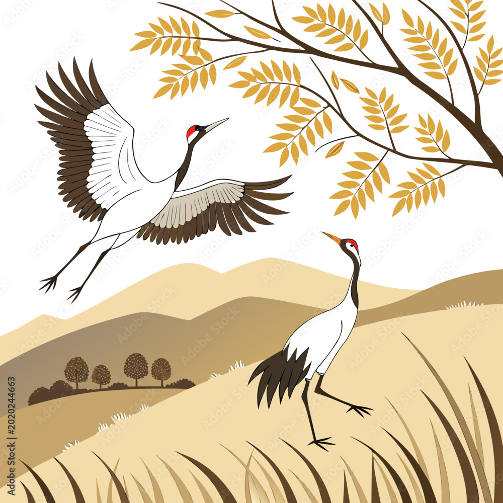 Fototapeta premium Two cranes in a landscape vector illustration with rolling hills and golden foliage