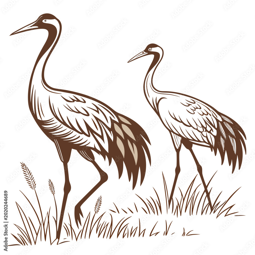 Fototapeta premium Two cranes standing in tall grass brown line art illustration on a white background