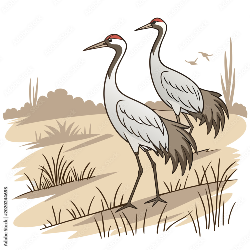 Fototapeta premium Two sandhill cranes standing in a grassy field detailed vector illustration