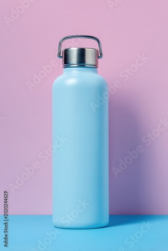 Light blue water bottle stands on blue surface
