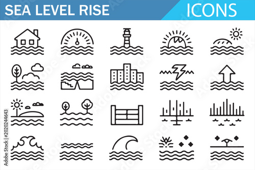 Fotografie Ocean Water Level Line Icon Set for Environmental Infographic Design