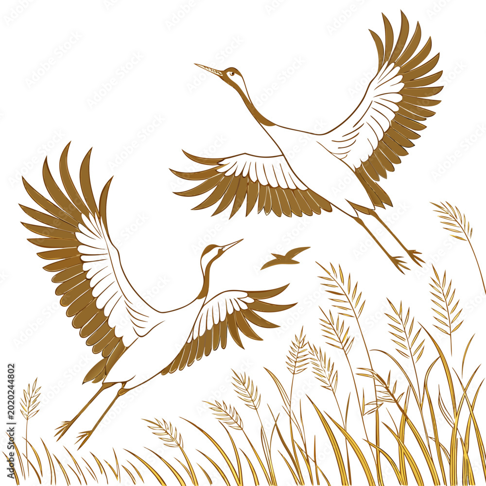 Fototapeta premium Two cranes in flight detailed line art illustration with grassy reeds on a white background