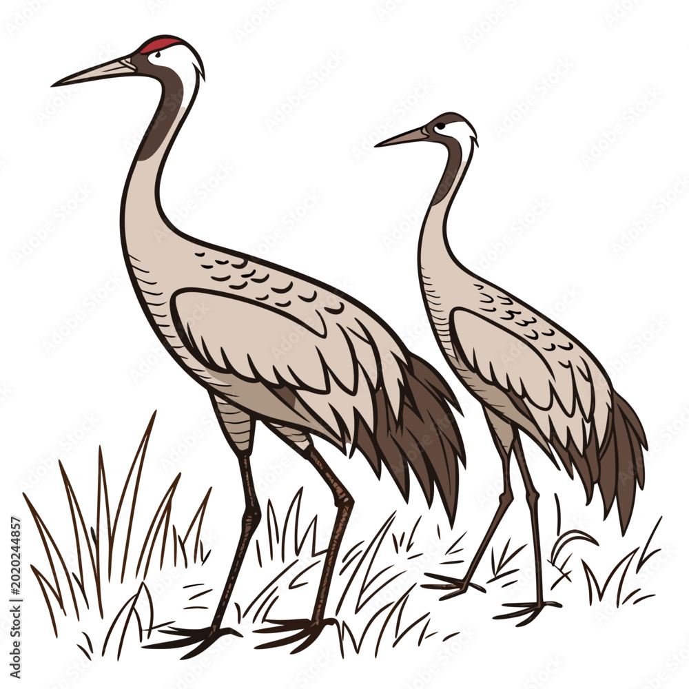 Fototapeta premium Two cranes standing in tall grass detailed line drawing illustration on a white background