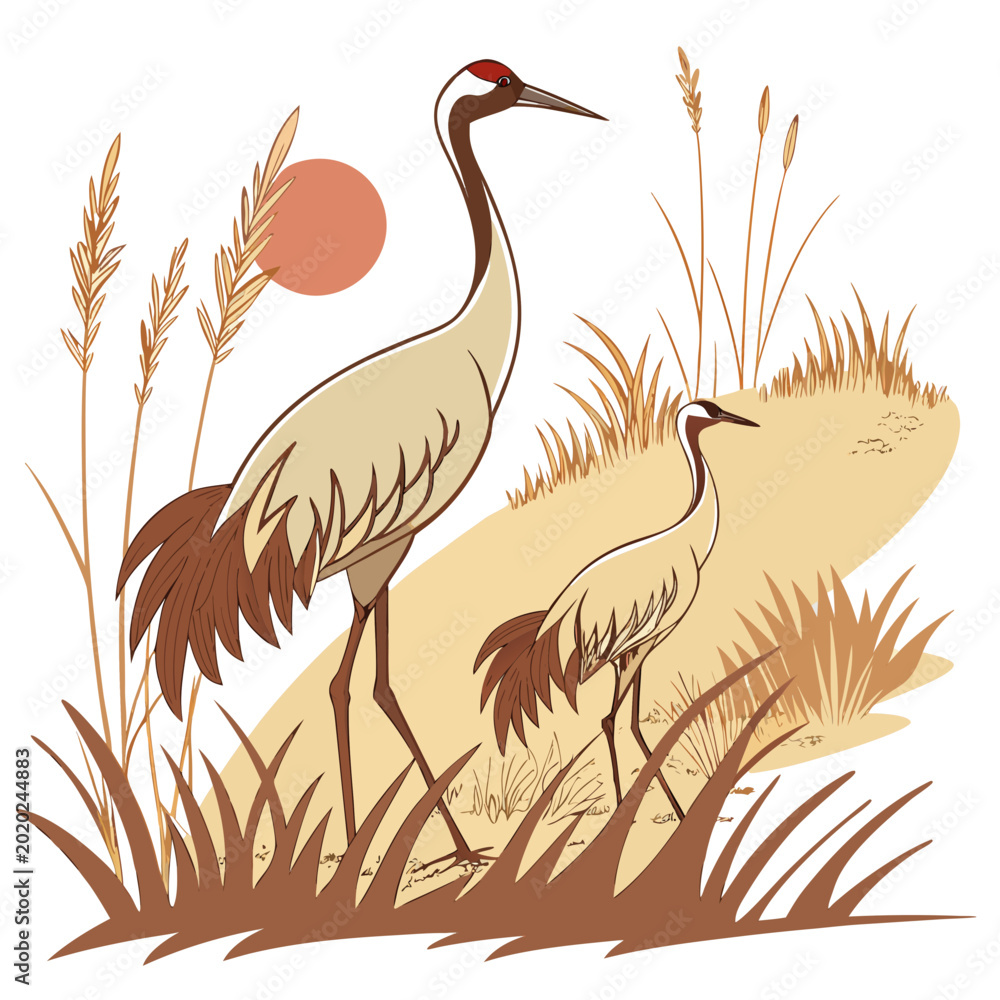 Fototapeta premium Two cranes standing amongst tall grasses and a rising sun vector illustration