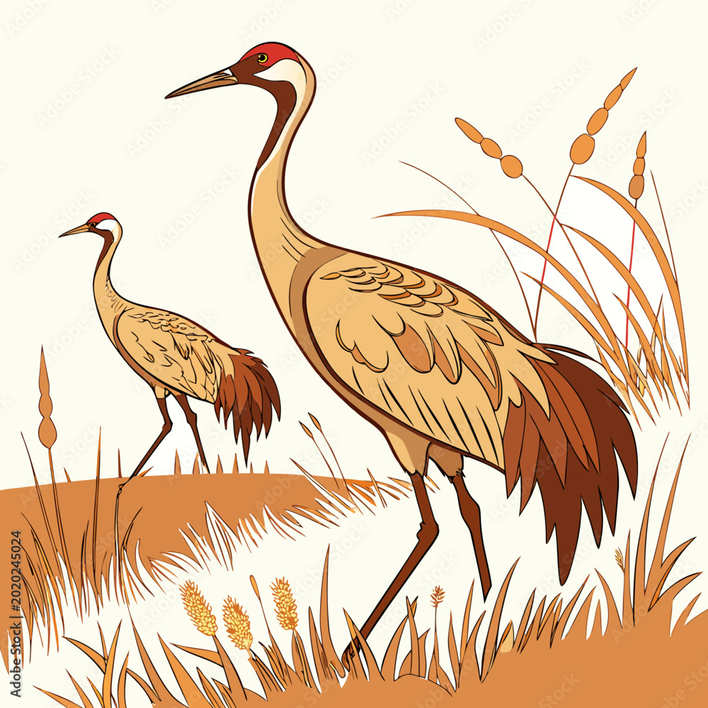 Fototapeta premium Two sandhill cranes walking through tall grasses stylized vector illustration with a warm color palette