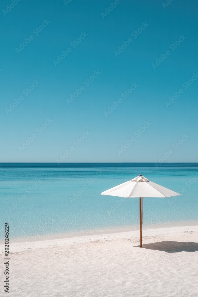 Fototapeta premium Single white umbrella stands on soft, sunlit sand