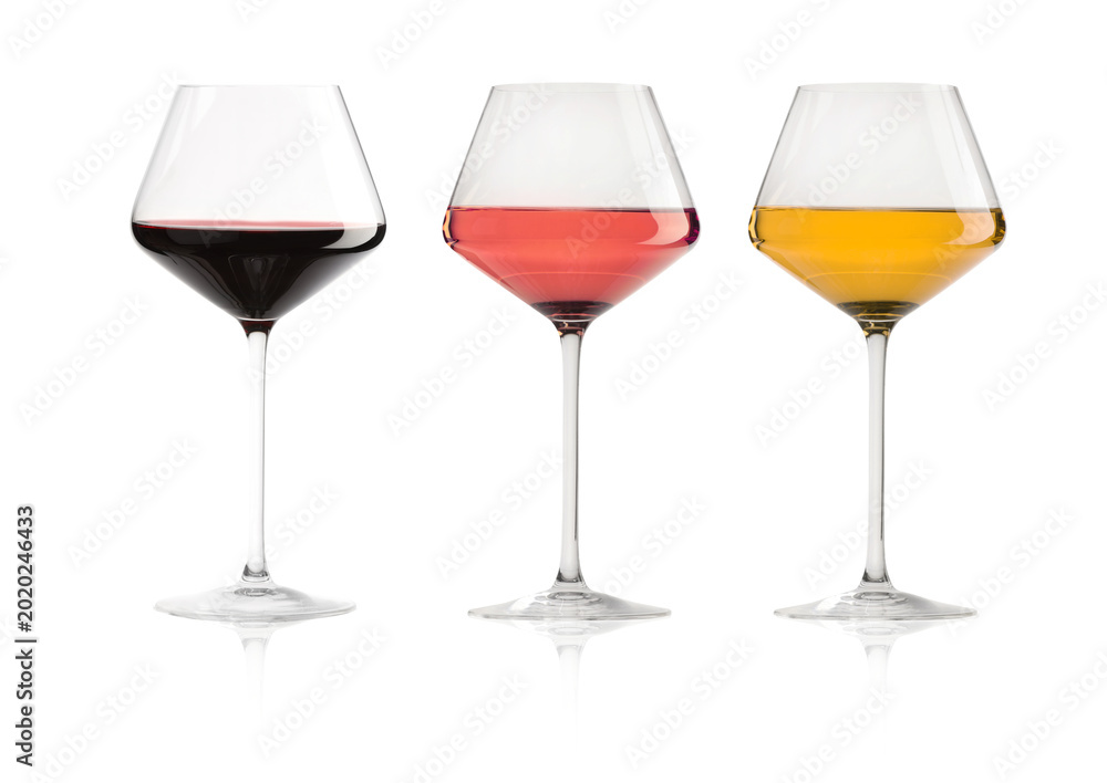 Obraz premium Rose, red and white wine in glasses on transparent background