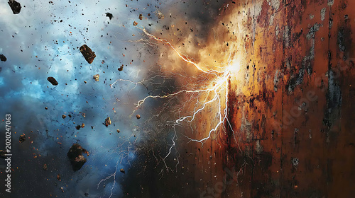 Direct lightning strike on a rusted steel structure, sparks and smoke engulfing the point of contact 