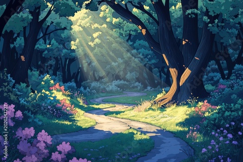 Sunlit Forest Path, Lush Greenery, Magical Woods