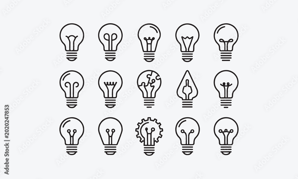 Fototapeta premium Light bulb line art vector icon set, innovation and solution symbols,