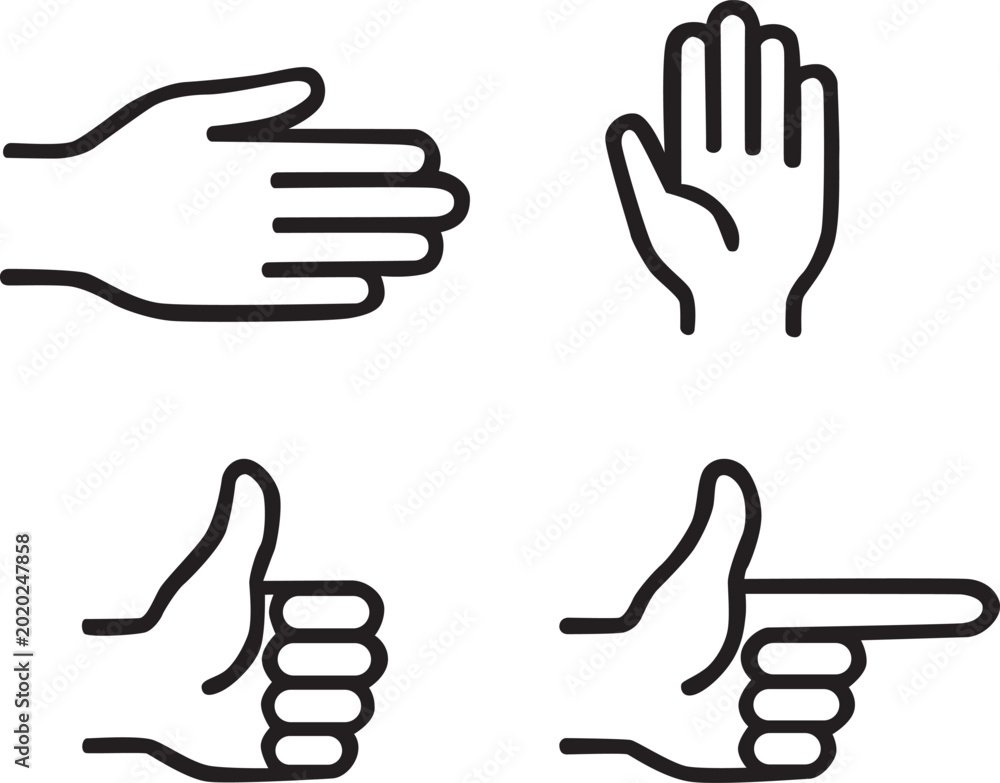 Obraz premium Four black line art hand gestures isolated on white background for various expressions victor illustration