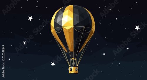 Quadro su tela Golden Hot Air Balloon Ascending in Starry Night Sky