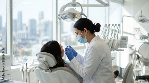Female dentist treating patient in modern dental clinic