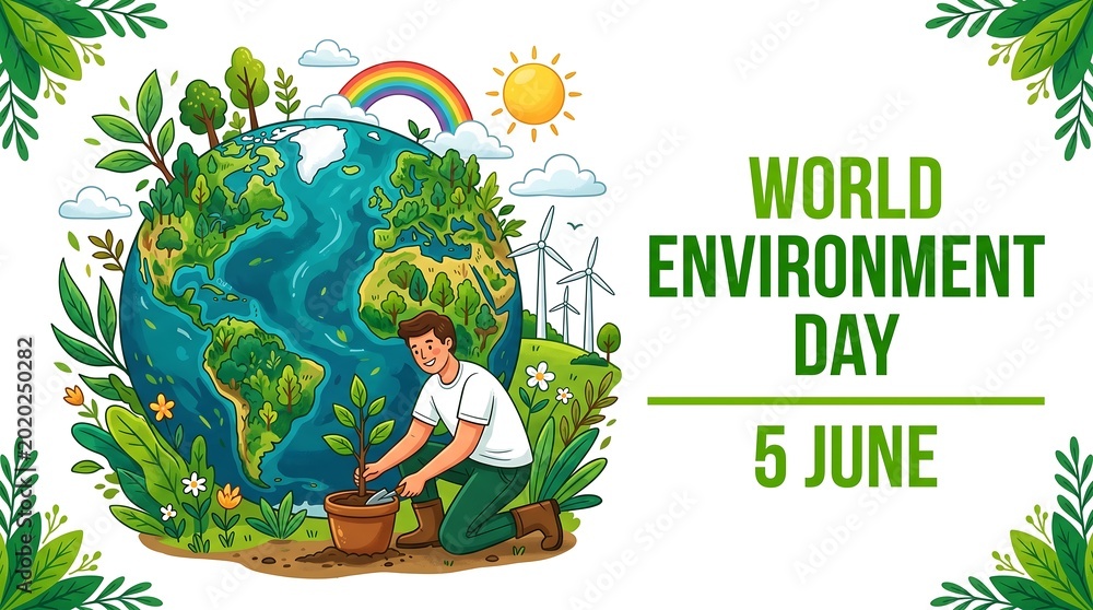 Fototapeta premium Child planting tree in globe-shaped garden celebrating world environment day on June fifth