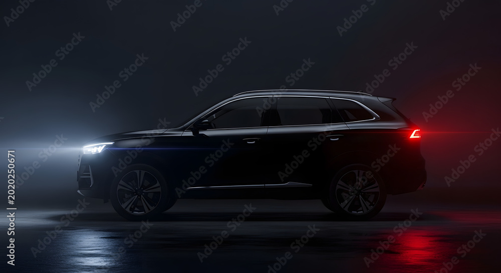 Naklejka premium Luxury electric SUV driving through dark foggy night with red taillights illuminated