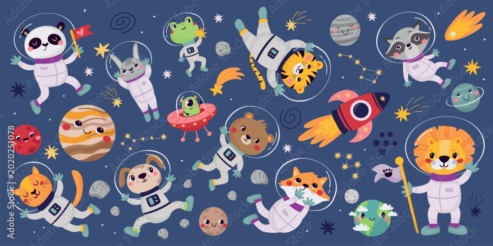 Ταπετσαρία Set of cute astronaut animals in space, rockets, planets, stars