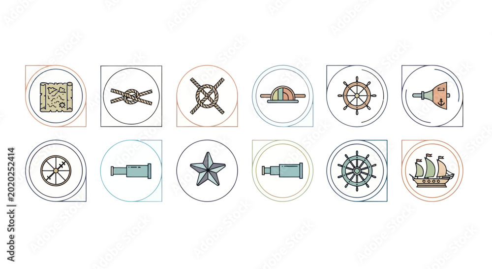 Fototapeta premium Nautical Icons Set: Ship Wheel, Telescope, Knot, Starfish, Ship