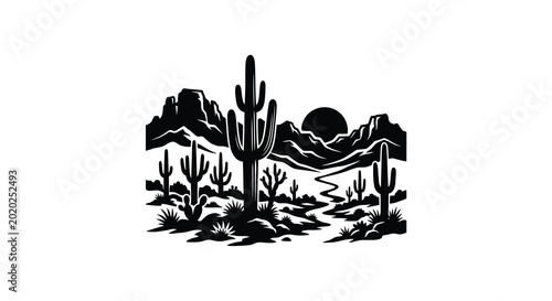 Photos Desert landscape silhouette saguaro cactus mountains and sunset scene in black a
