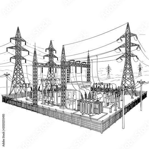 Картината върху платно Black silhouette illustration of electrical power substation and transmission to