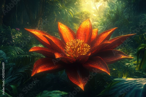 Lush Jungle, Giant Orange Flower, Sunlight Beams