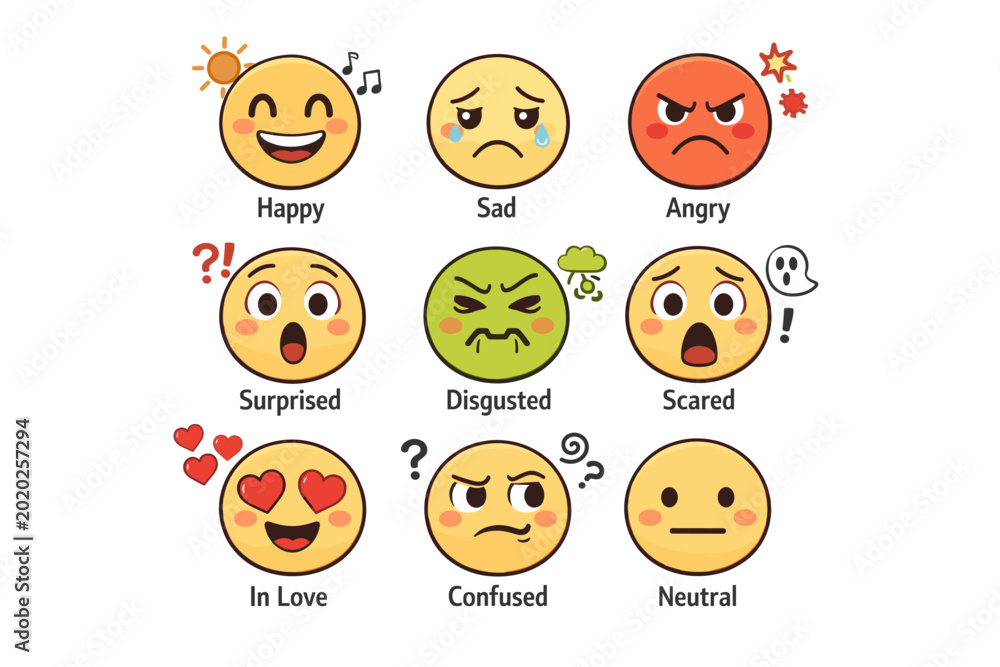 Naklejka premium Nine emotion indicator faces in grid formation showing happiness, sadness,