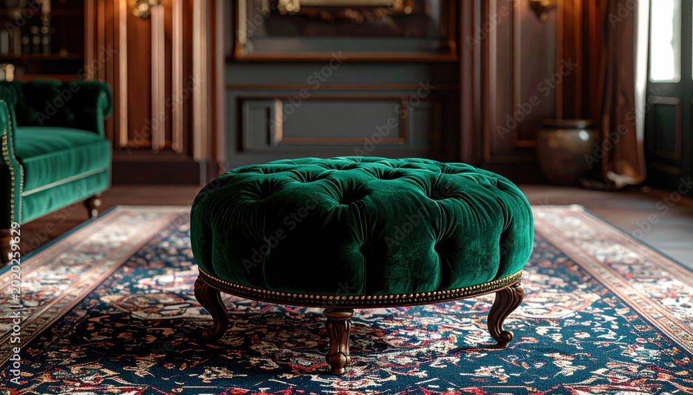 Fototapeta premium Deep Green Velvet Tufted Ottoman with Ornate Wooden Legs in Luxurious Interior