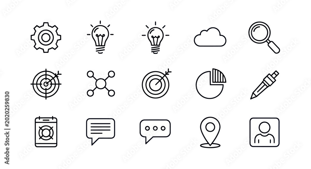 Fototapeta premium Set of Business and Technology Icons: Strategy, Ideas, Cloud, Search, Goals, Network