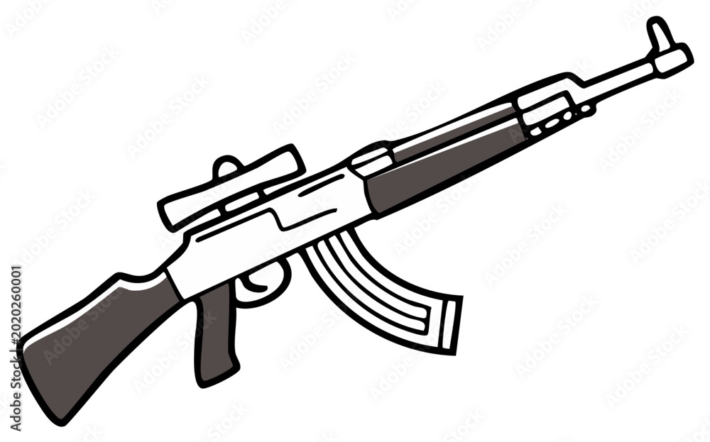 Naklejka premium Stylized Assault Rifle with Scope and Curved Magazine Illustration