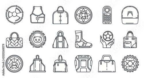 Bild auf Leinwand Set of outline icons: bags, compass, shoe, soccer ball, phone, radiology symbol