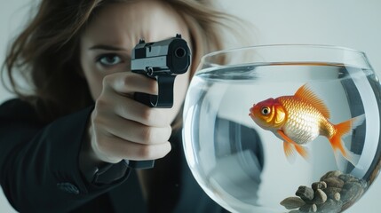 Woman points gun at goldfish in a bowl, white background studio