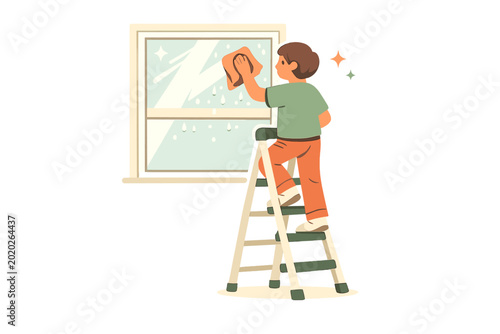 A residential homeowner standing on a stepladder with a microfiber cloth in