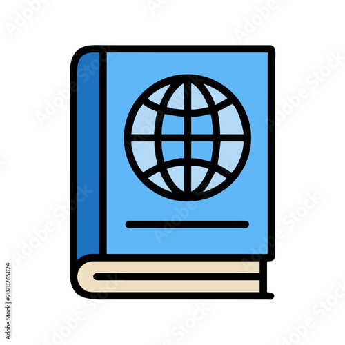 Flat design book illustration with globe icon representing global education or geography