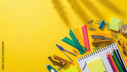 Assorted school supplies including rulers, colored pencils, a stapler, paper clips, and toy school buses arranged on a bright yellow background