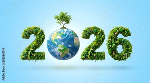 Green foliage numbers twenty twenty-six with globe representing environmental sustainability,world environment day 2026 